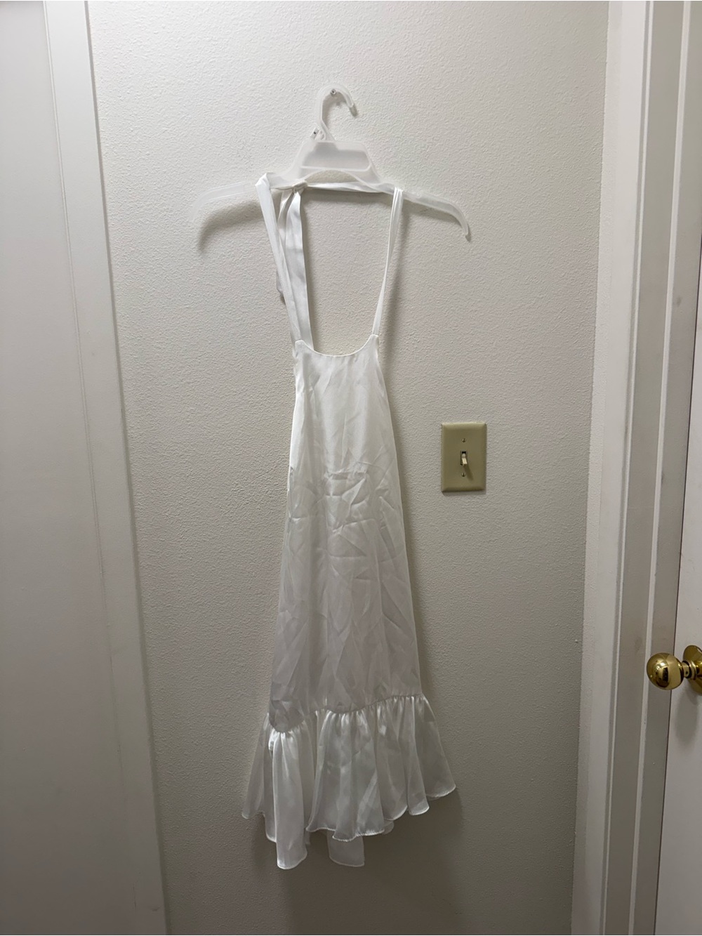 David's Bridal White Satin Halter Slip Dress with Ruffle Hem